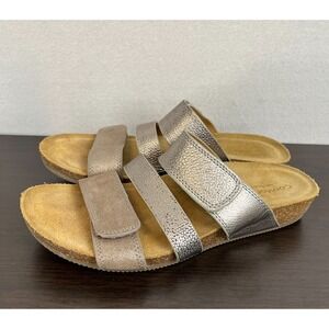 COMFORTIVA Womens 9.5 GEMINA‎ Leather Slip-On Sandals Metallic Silver Cork Wedge